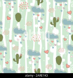 Seamless hand drawn pattern with clouds, cacti and hearts on pink background. Vector Illustration Stock Vector