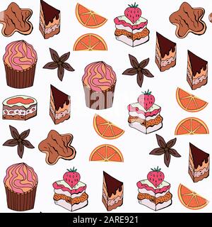 Abstract seamless pattern in vector. It is located in swatch menu. background with cupcake, cake, orange, cookie. Colorful texture for design cards, Stock Vector