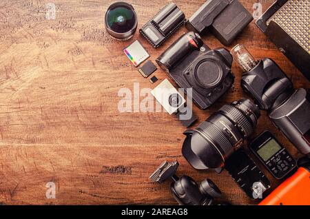 Photo equipment Digital Camera, Flash Lighting, Flash Trigger, LED, Memory Card CF SD MicroSD, Lenses, Tripod, battery for Hobby travel photography cr Stock Photo
