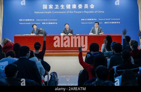 (200128) -- BEIJING, Jan. 28, 2020 (Xinhua) -- Photo taken on Jan. 27, 2020 shows a press conference held by the National Health Commission in Beijing, capital of China. The seven-day Spring Festival vacation, scheduled to end on Jan. 30, was extended to Feb. 2. Universities, primary and middle schools and kindergartens across the country will postpone the opening of the spring semester until further notice, according to the General Office of the State Council. Community-based public places where crowds gather should be strictly cleaned and disinfected and have good ventilation in order to cre Stock Photo