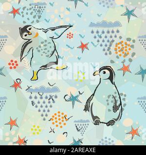 Seamless Pattern with Penguins. Scandinavian Style. Stock Vector