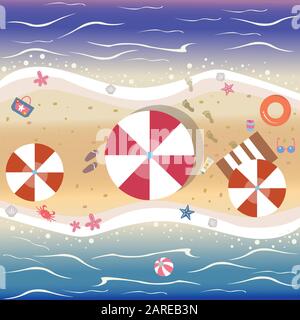 Summer Beach with umbrella, rubber ring, starfish, seashell, flip flops. Vector Illustration Stock Vector