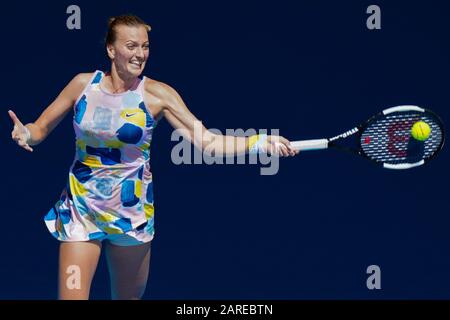 Melbourne, Australia. 28th Jan, 2020. 7th seed PETRA KVITOVA (CZE) in action against 1st seed ASHLEIGH BARTY (AUS) on Rod Laver Arena in a Women's Singles Quarterfinals match on day 9 of the Australian Open 2020 in Melbourne, Australia. Sydney Low/Cal Sport Media. Barty won 76 62. Credit: csm/Alamy Live News