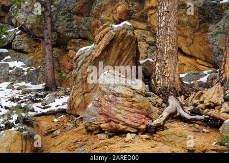 Close up of some of the beautifully colored sandstone boulders in the Rocky Mountain National Park. Stock Photo
