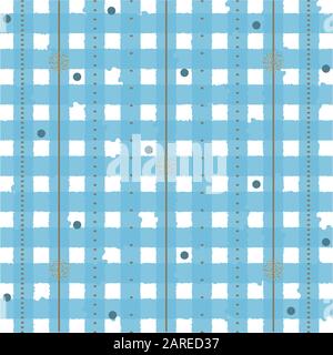 Gold glittering confetti dots and snowflakes. Seamless pattern. Blue stripes on white background. Retro festive background. Holiday greeting card. Sea Stock Vector