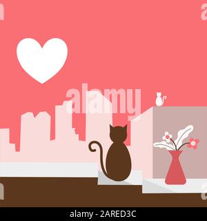Illustration of two cats on the roof of building in city with heart shape moon for Valentines day concept, modern graphic style - Vector Illustration Stock Vector