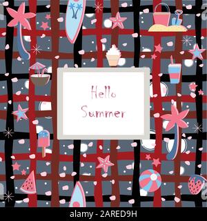 Hello Summer. Summer Seamless Pattern with palms, coconuts, ice cream, and strawberry. Cute Background, summer fruits. Vector Illustration.Summer Holi Stock Vector