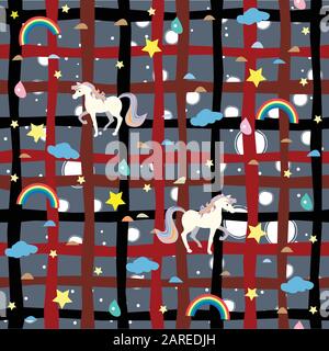 Unicorn Seamless Pattern. Rainbows, stars and drops of rain Stock Vector