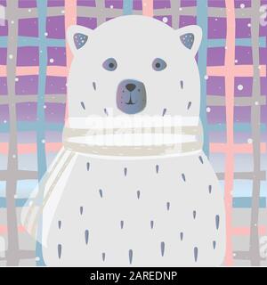 Cute Winter Bear wit shiny scarf and beautiful pinkish sky to match. Falling Snow. Vector Illustration. Stock Vector