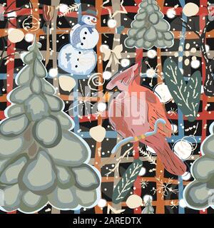 Cute Winter Pattern with Snowman and spruce trees on cute background with winter paintbrush doodles. Vector Illustration Stock Vector
