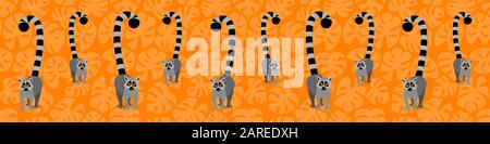 Seamless pattern with cute lemurs on orange background with monstera leaves. Tropical print. Horizontal orientation. Flat vector illustration. Stock Vector