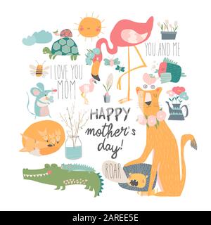 Cute cartoon animals mothers with their cubs Stock Vector