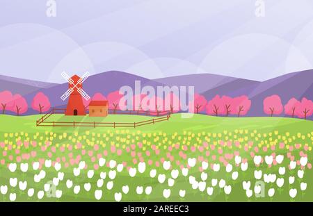 Spring landscape with tulip garden and windmill. Minimal style. Stock Vector