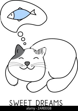 A cute cat is dreaming of a fish, sweet dreams hand drawn style, Cute cartoon funny animal character. Stock Vector