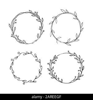 Hand drawn set of cicle floral frame. Border for banner, wedding, greeting card design. Sketch style vector illustration. Copy space for text. Ink drawing. Stock Vector