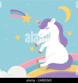 unicorn sitting on rainbow moon shooting star fantasy magic dream cute cartoon vector illustration Stock Vector