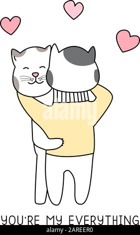 Cute cats hug and heart hand drawn style, Cute cartoon funny animal characters. Stock Vector