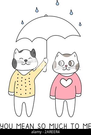 Cute couple of cats with umbrella hand drawn style, Cute cartoon funny animal characters. Stock Vector