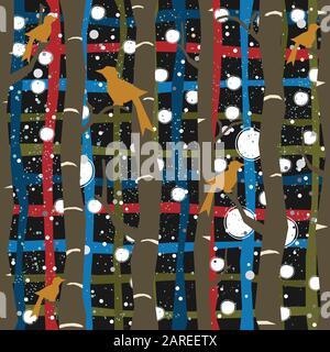 Seamless Tree Pattern with big birds and leaves. Vector Illustration. Stock Vector