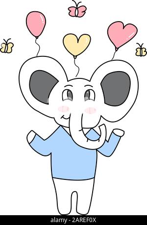 Happy elephant and balloons with butterflies hand drawn style, Cute cartoon funny animal character. Stock Vector