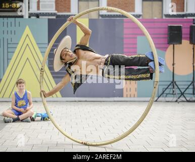 Christchurch, Canterbury, New Zealand. 28th Jan, 2020. Street performer PEDRO LIBRE (FRANCISCO SANDOVAL) from Mexico performs on a Cyr wheel at Bread & Circus-World Buskers Festival. Credit: PJ Heller/ZUMA Wire/Alamy Live News Stock Photo