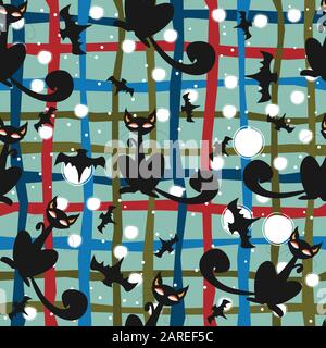 Seamless pattern of Halloween cats and bats in black, traditional orange background. Good for textile print, web, paper, wrapping, fabric, backgrounds Stock Vector