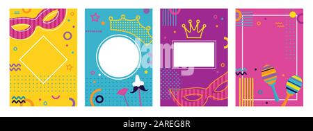 Carnival colorful posters set, flyer or invitation. Funfair funny tickets design with mask and crown on colorful modern geometric background in Stock Vector