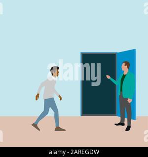 Person going to new opportunity in open door. Vector door opportunity, open career, new entrance in future, people in doorway illustration, running an Stock Vector