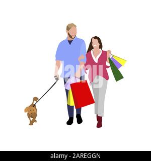 People man and woman do shopping. Couple with purchases and dog. Couple and dog with purchase after shopping illustration Stock Vector