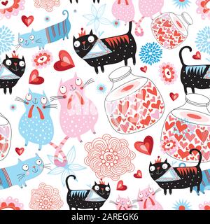 Seamless holiday pattern of loving cats and hearts on a white background. Template for Wallpaper and fabric design. Stock Vector