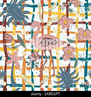 Creative Summer Pattern with exotic birds of flamingo on background with exotic plants, palm and flowers. Vector Illustration Stock Vector