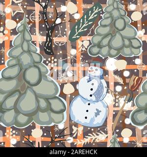 Colorful Winter Pattern with Snowman. Seamless Pattern. Vector Illustration. Stock Vector