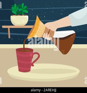 The girl pours coffee from filter cofee maker to the cup of coffee. Alternative methods of brewing coffee. Coffee culture. Stock Vector