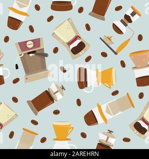 Seamless pattern of alternative methods of brewing. Coffee culture. Aeropress, hario, pour over, geyser coffee maker, cold brew, french press, kalita, Stock Vector