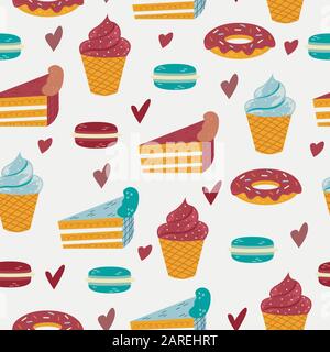 Vector seamless pattern with sweet deserts on the blue background. Stock Vector