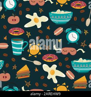 Vector seamless pattern with breakfast symbols. Morning coffee. Stock Vector