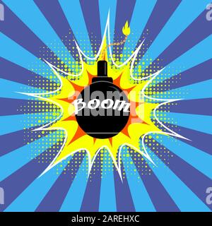 Black Burning Bomb Icon. Explode Flash, Cartoon Explosion with Boom Text Stock Vector