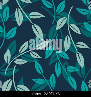Vector seamless pattern with minimalistic leaves. Botanical background in the blue colors. Stock Vector