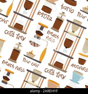 Seamless pattern of alternative methods of brewing. Coffee culture. Aeropress, hario, pour over, geyser coffee maker, cold brew, french press, kalita, Stock Vector