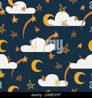 Night sky vector seamless pattern with stars, clouds and moon. Stock Vector