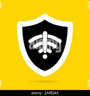 Wireless shield no wifi icon sign flat design vector illustration. Wifi internet signal symbols in the security shield isolated on yellow background. Stock Vector