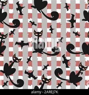 Seamless pattern of Halloween cats and bats in black, traditional orange background. Good for textile print, web, paper, wrapping, fabric, backgrounds Stock Vector