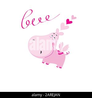 Love vector pink Hippo with hearts isolated on white background Stock Vector