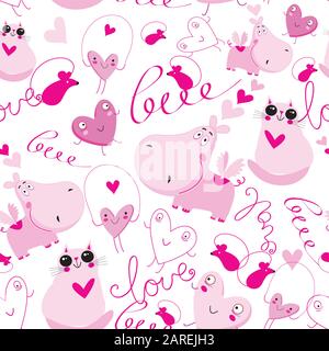 Seamless festive pattern of pink hippos and cats in love on a white background. Template for design for Valentine's Day. Stock Vector