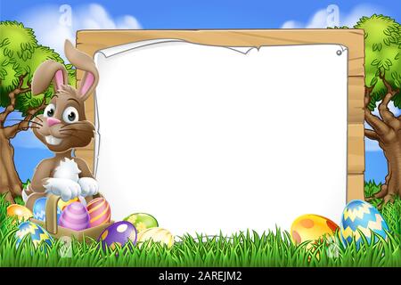 Easter Bunny Sign Eggs Basket Background Cartoon Stock Vector