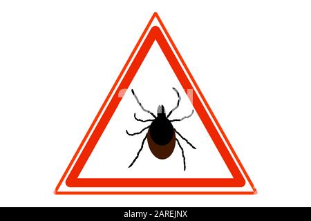 Dangerous tick parasite area warning sign. Mite warning sign.Tick vector icon isolated on white background. Anti bug vector icon.Human mite parasite Stock Vector