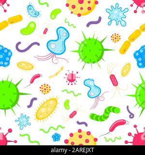 Bacterial microorganisms, germs and viruses colorful seamless pattern. Viruses, infections colorful, micro-organisms disease objects, cell cancer vect Stock Vector
