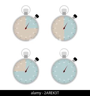 15, 30 and 45 minutes isolated on stopwatch. Stopwatch time, countdown and chronometer, number second measurement timepiece. Vector illustration Stock Vector