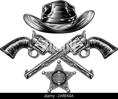 Cowboy Hat with Sheriff Star with Crossed Pistols Stock Vector