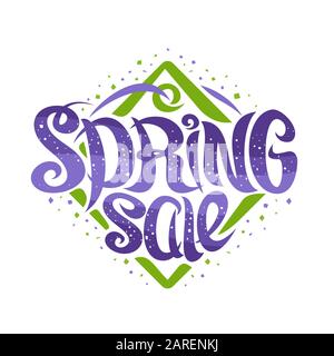 Vector logo for Spring Sale, curly calligraphic font with decorative elements, seasonal badge of rhombus shape for spring collection with swirly trend Stock Vector